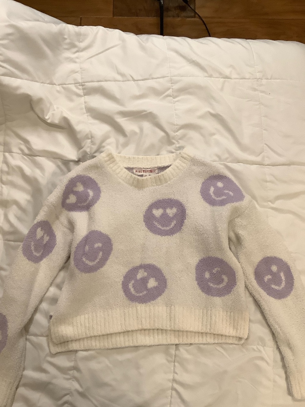 Pink Republic Cream Crewneck Sweater with Lavender Smiley Motifs